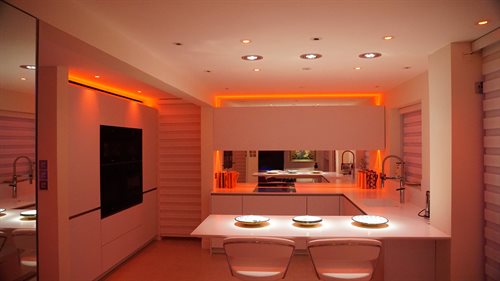 RGBW downlights and LED tape in kitchen